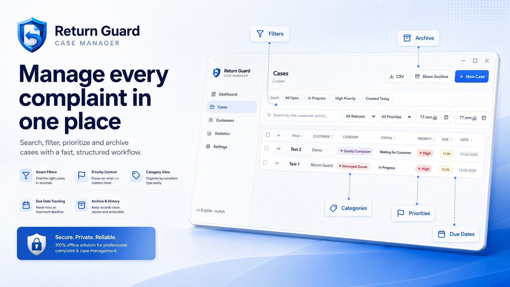 Return Guard case list with filters, categories, priorities and due dates